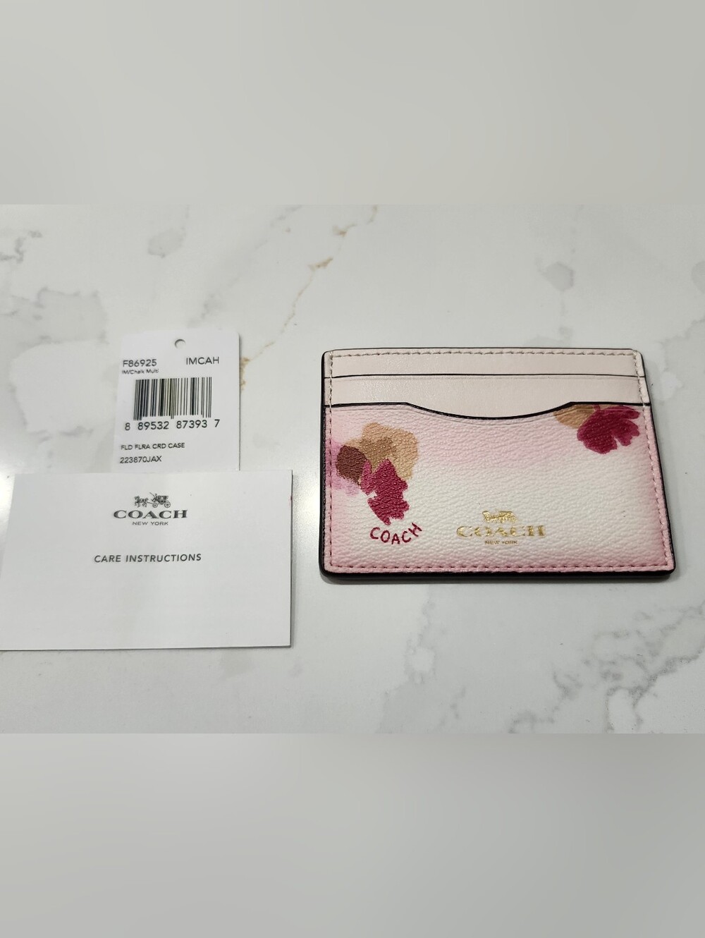 NWT Authentic COACH Leather Card Case in Chalk w/ Pink Gradient Floral & Gold